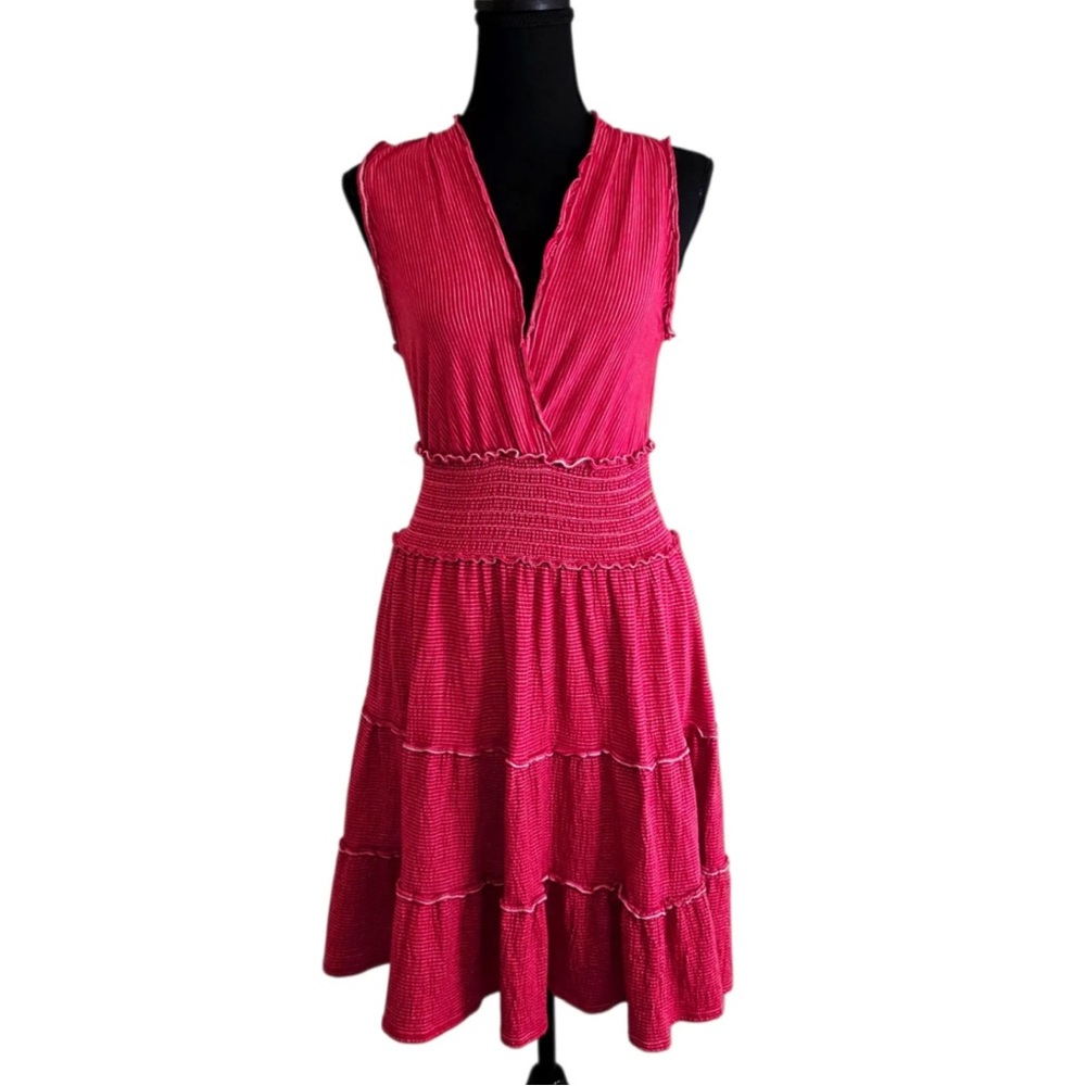 Red Sleeveless Striped Ruffled Dress | Size S